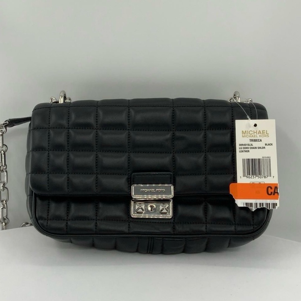 Michael Kors Tribeca Black Convertible Chain Shoulder Bag Quilted Leather